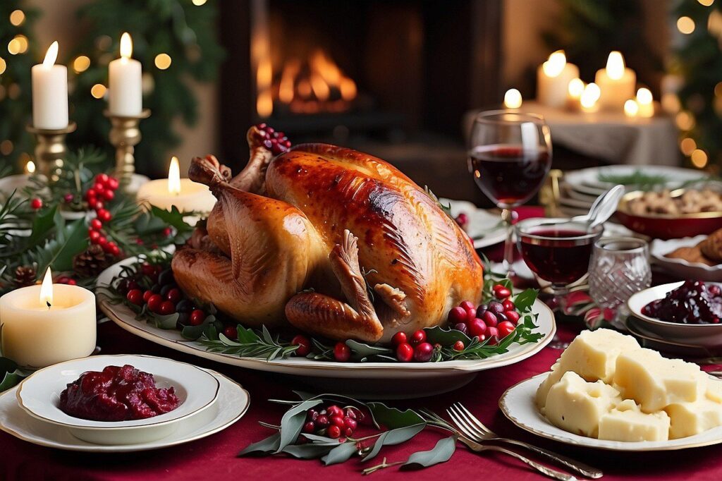 Roast turkey on a platter surrounded by cranberries and green leaves, The platter is set on a table decorated with candles. Other dishes of food as well as glasses of wine are also on the table.