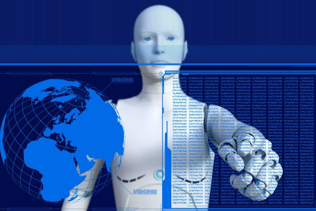 Futuristic-looking robotic figure with blue computer code covering part of it.
