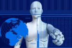 Futuristic-looking robotic figure with green computer code covering part of it.